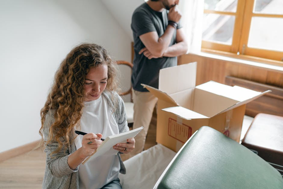 Close-up image of two individuals packing a large cardboard box labeled 'Winter Clothes' in a home relocation setting. One person, wearing a beige sweater, is holding the box steady with one hand whil